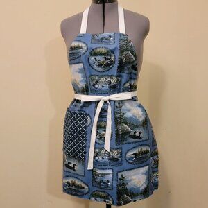 NWT Handmade Reversible Apron - blue and white lattice and ducks One Size - OOAK